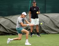 Jannik Sinner with his coach Darren Cahill at the 2023 Wimbledon Championships